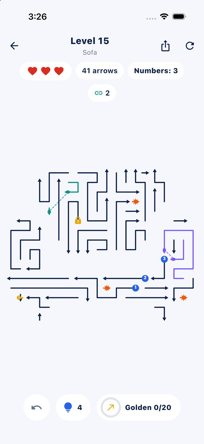 An ArrowX level: an elephant made of arrows, with chain links, blasts and numbered arrows