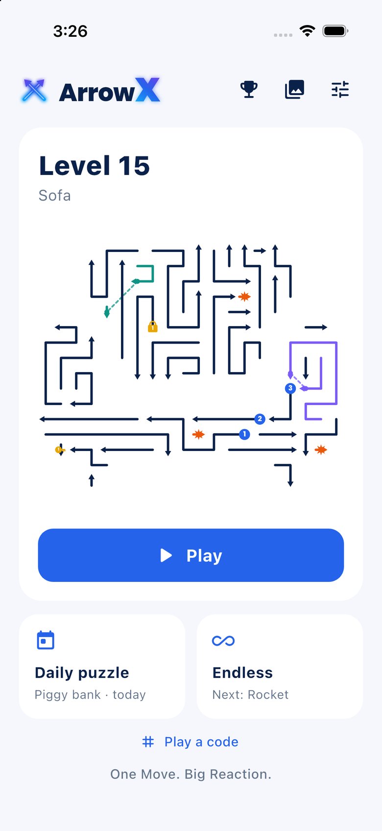Home screen with the next level, the daily puzzle and endless mode